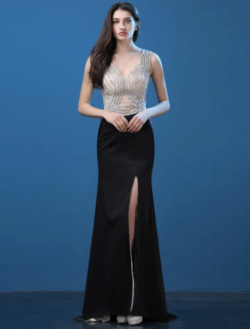 Sexy Selskapskjoler 2016 Havfrue Dyp V Hals Beading Rhinestone Todelte Sort Kjole