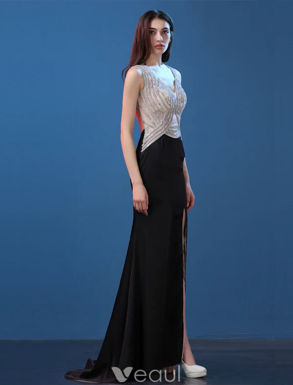 Sexy Selskapskjoler 2016 Havfrue Dyp V-hals Beading Rhinestone Todelte Sort Kjole