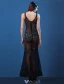 Robe De Soirée Transparentes Sexy 2016 Sirène Profonde Applique Col V Dentelle Cristal Robe De Soirée En Tulle Noir