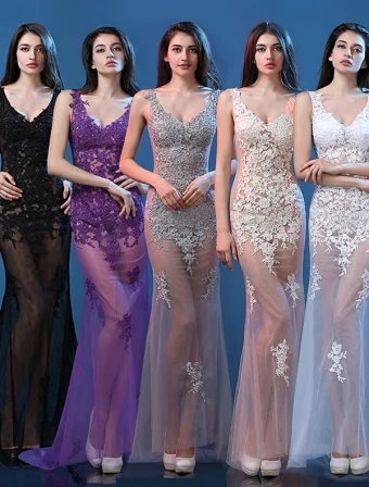 Robes De Soirée En Dentelle Sexy 2016 Sirène Col V Profond Dentelle Tulle Appliqué Robe De Soirée Dos Nu