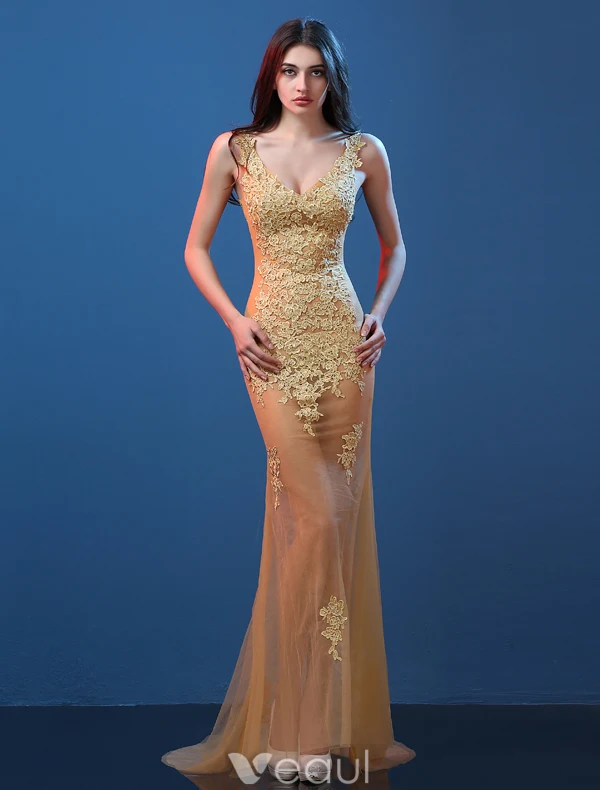 Sexy Lace Evening Dresses 2016 Mermaid Deep V-neck Applique Lace Tulle Backless Evening Dress