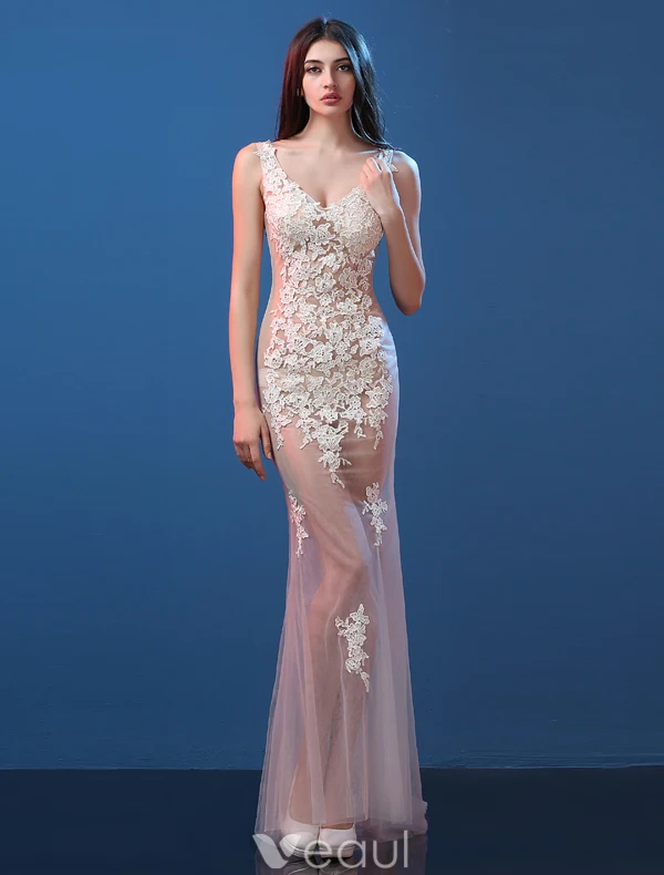 Sexy Lace Evening Dresses 2016 Mermaid Deep V-neck Applique Lace Tulle Backless Evening Dress