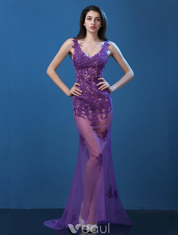 Sexy Lace Evening Dresses 2016 Mermaid Deep V-neck Applique Lace Tulle Backless Evening Dress