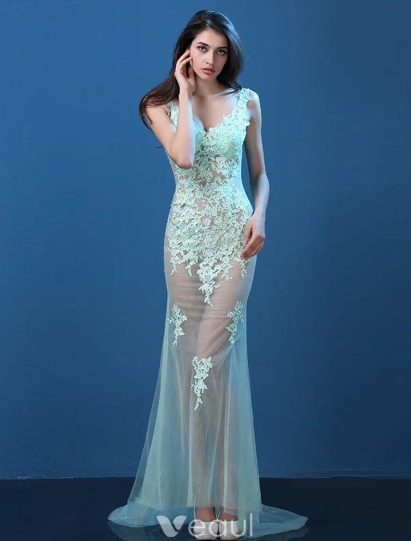 Sexy Lace Evening Dresses 2016 Mermaid Deep V-neck Applique Lace Tulle Backless Evening Dress