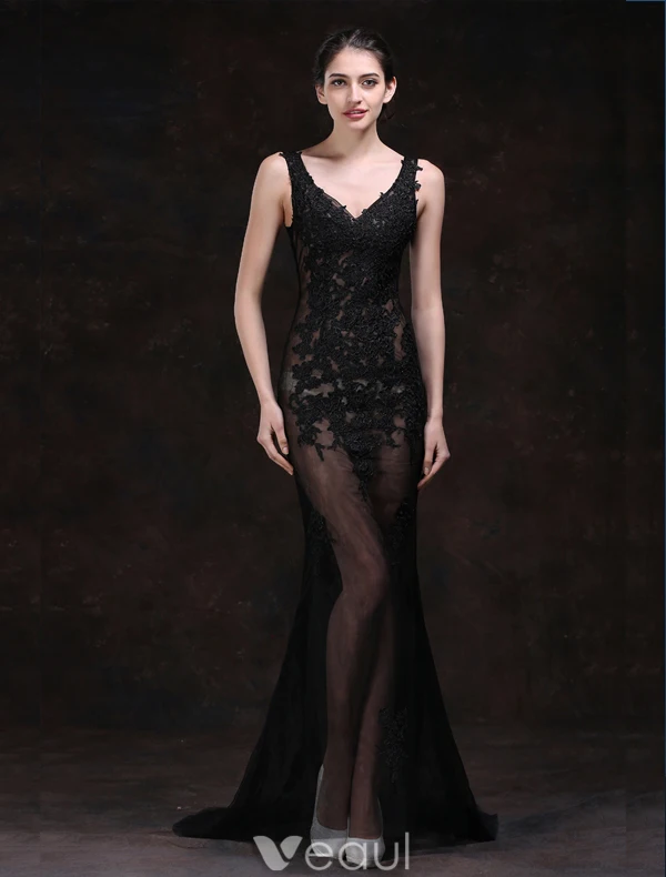 Sexy Lace Evening Dresses 2016 Mermaid Deep V-neck Applique Lace Tulle Backless Evening Dress