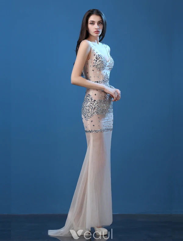 Sparkly Sexy Evening Dresses 2016 Mermaid Deep V-neck Sleeveless Beading Crystal Rhinestones Dress