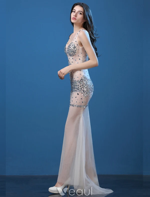 Sparkly Sexy Evening Dresses 2016 Mermaid Deep V-neck Sleeveless Beading Crystal Rhinestones Dress