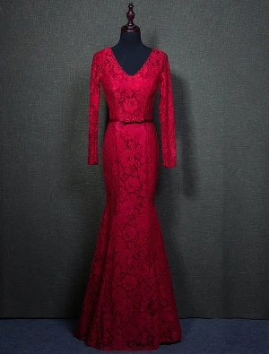 Elegant Burgundy Aftonklänningar 2016 Mermaid Beading V Ringad Långa Ärmar Spets Formell Klädsel Med Skärp