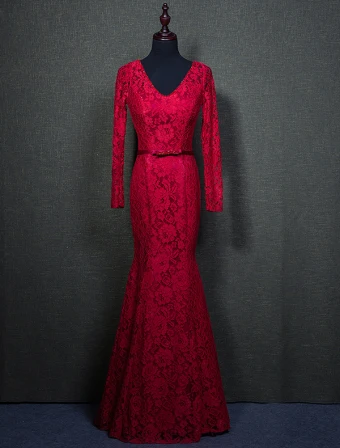 Elegant Burgundy Evening Dresses 2016 Mermaid Beading V Neck Long Sleeves Lace Formal Dress With Sash