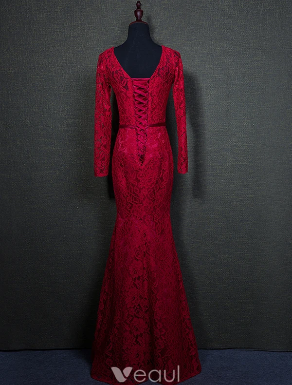 Elegant Burgundy Aftonklänningar 2016 Mermaid Beading V-ringad Långa Ärmar Spets Formell Klädsel Med Skärp