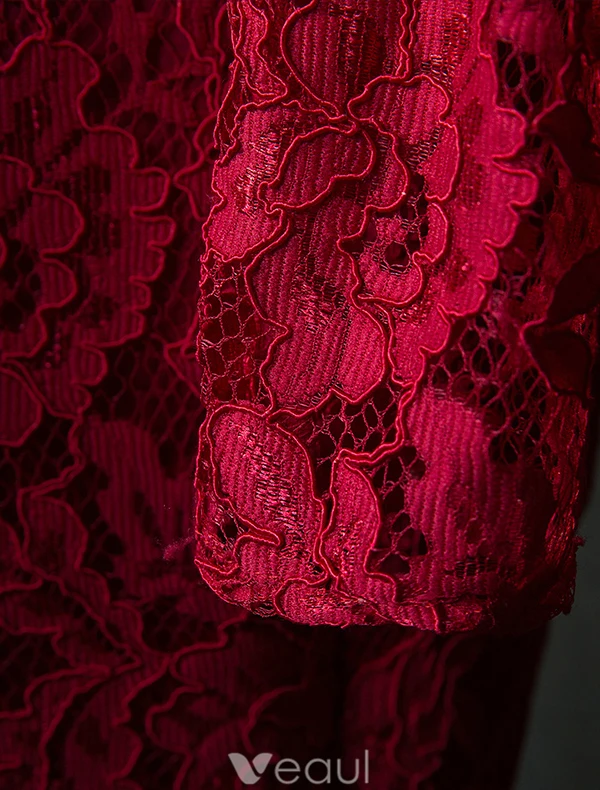 Elegant Burgundy Aftonklänningar 2016 Mermaid Beading V-ringad Långa Ärmar Spets Formell Klädsel Med Skärp