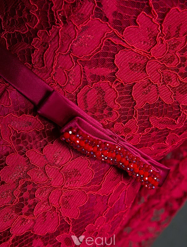 Elegant Burgundy Aftonklänningar 2016 Mermaid Beading V-ringad Långa Ärmar Spets Formell Klädsel Med Skärp