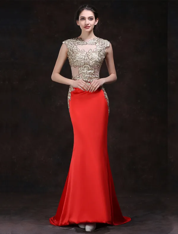 Sexy Red Evening Dresses 2016 Mermaid Square Neckline Beading Rhinestone Gold Lace Formal Dress