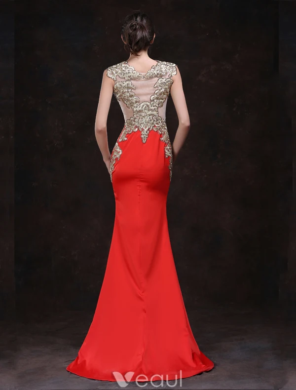 Sexy Red Evening Dresses 2016 Mermaid Square Neckline Beading Rhinestone Gold Lace Formal Dress