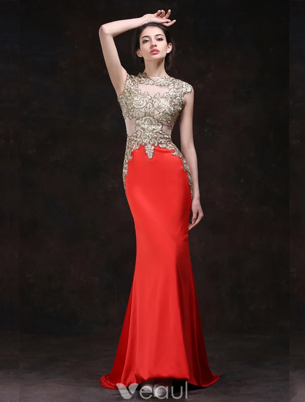 Sexy Red Evening Dresses 2016 Mermaid Square Neckline Beading Rhinestone Gold Lace Formal Dress