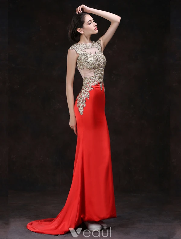 Sexy Red Evening Dresses 2016 Mermaid Square Neckline Beading Rhinestone Gold Lace Formal Dress