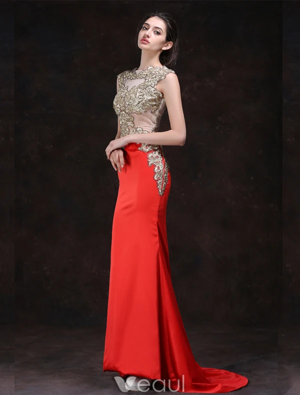 Sexy Red Evening Dresses 2016 Mermaid Square Neckline Beading Rhinestone Gold Lace Formal Dress