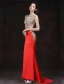 Sexy Red Evening Dresses 2016 Mermaid Square Neckline Beading Rhinestone Gold Lace Formal Dress