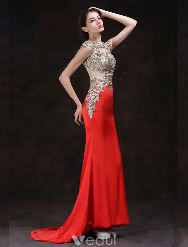 Sexy Red Evening Dresses 2016 Mermaid Square Neckline Beading Rhinestone Gold Lace Formal Dress