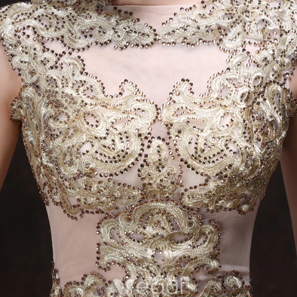 Sexy Red Evening Dresses 2016 Mermaid Square Neckline Beading Rhinestone Gold Lace Formal Dress