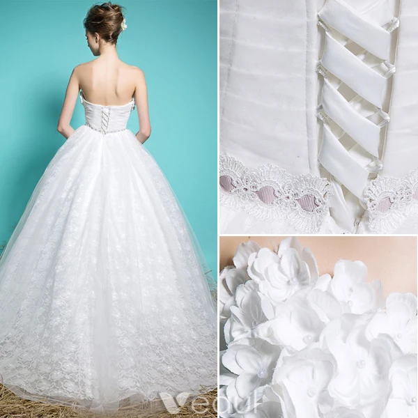 Sweetheart Wedding Dresses 2016 Applique Flowers Beading Ruffle Glitter Lace Ball Gown Wedding Dress With Sash