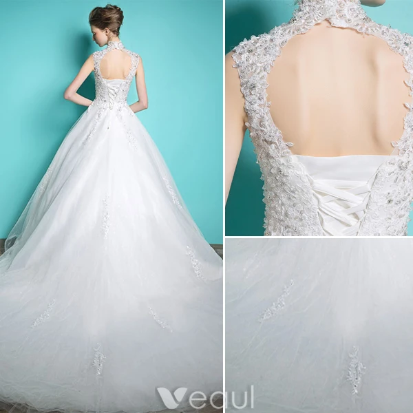 Elegant Pincess Wedding Dresses 2016 A-line High Neck Beading Sequins Applique Lace Bridal Gown With Long Tailing