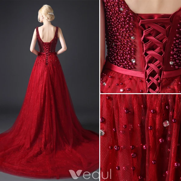 Glamorösa Aftonklänningar 2016 A-line Urringning Beading Paljetter Spets Burgundy Tyll Ryggdel Balklänning