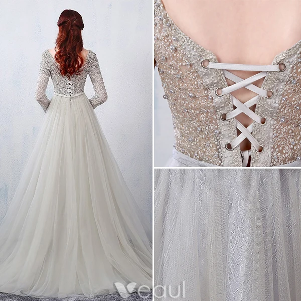 Glamorous Evening Dresses 2016 A-line Square Neckline Beading Lace Grey Tulle Backless Evening Dress