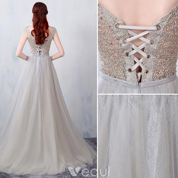 Robe De Soirée Glamour 2016 Une Ligne Perlage Conception Percée De Robe Dos Nu En Dentelle Grise En Tulle