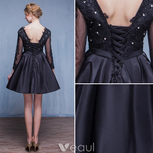 Belles Petites Robes Noires De 2016 Une Ligne V-cou Applique Dentelle Noire Satin Robe De Cocktail Courte Avec Des Manches