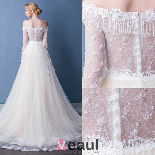 Elegant Wedding Dresses 2016 Mermaid Off The Shoulder Tassel Neckline Champagne Lace Bridal Dress With Long Sleeves