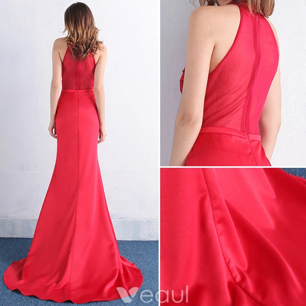 Elegant Aftonklänning 2016 Sjöjungfru Grimma Applikationer Spets Beading Kristall Röd Satin Lång Klänning