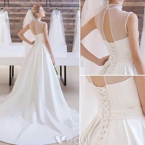 Elegant Wedding Dress 2016 A-line Beading High Pearl Neck Ruffle Satin Bridal Gown With Long Train