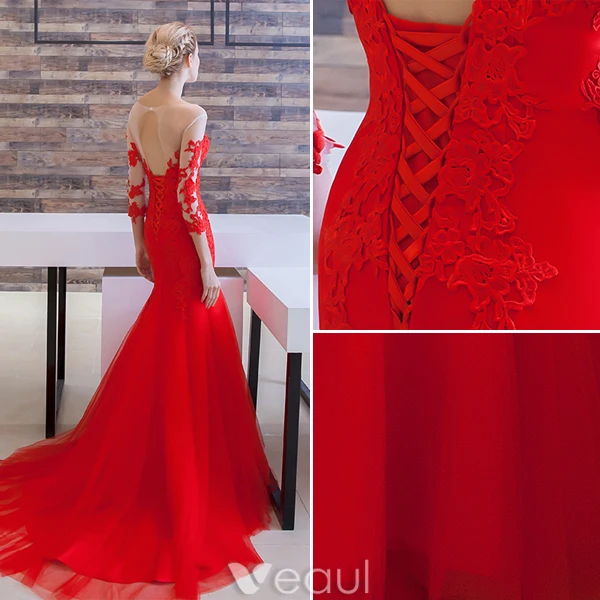 Glamorous Evening Dresses 2016 Mermaid Scoop Neckline Applique Lace Backless Evening Dress With Sweep Train