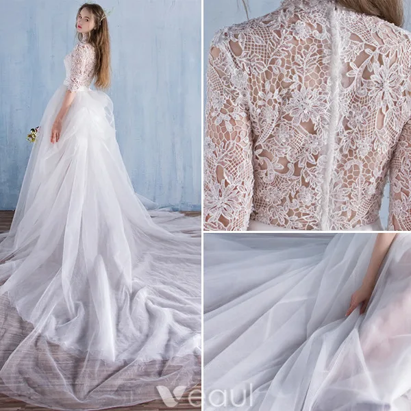 Robes De Mariage De Plage Élégantes 2016 Une Ligne De Dentelle Col Haut Robe De Mariée Avec Le Train Amovible