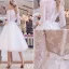 Elegant Wedding Dresses 2016 A-line Scoop Lace Neckline Applique Lace Backless Tea Length Bridal Gown With Bow Sash