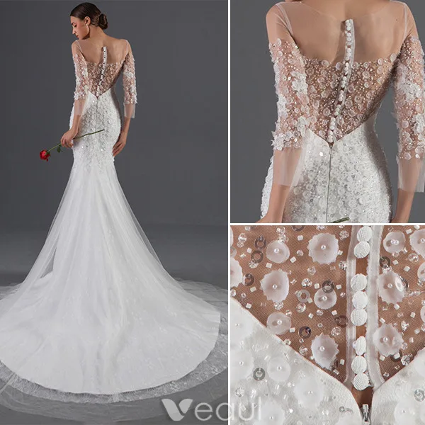 Sexy Brautkleider 2016 Seejungfrau Applikation Blumen Pailletten Weißen Tüll Rückenfrei Brautkleid Mit Abdeckknopf