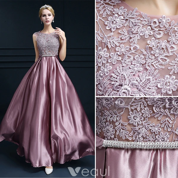 Elegantes Sleeveless Abendkleider 2016 A-line Rundhalsausschnitt spitze Rüsche Satin Langen Abendkleid Mit Schleife-schärpe