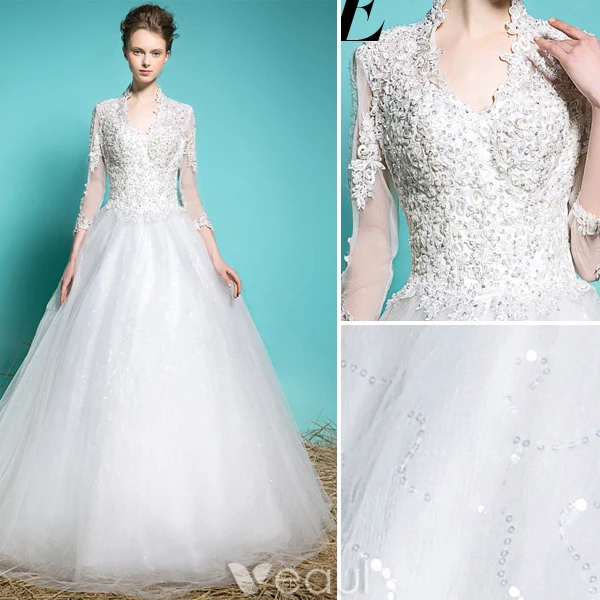 Robe De Mariée Élégantes 2016 Robe De Bal V-cou Dentelle Appliques Perles Paillettes Robe De Mariée Manches 3/4