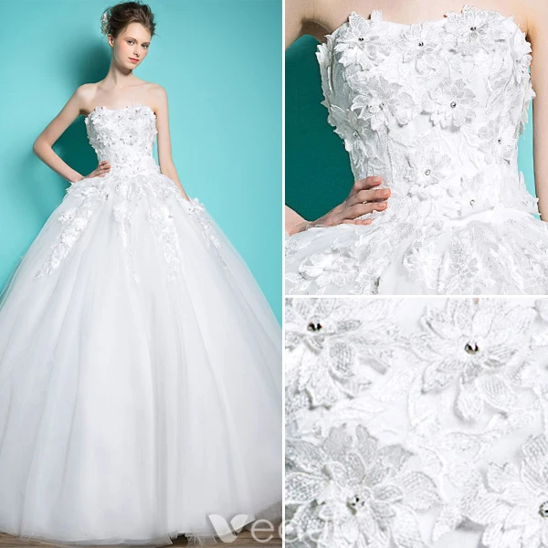 Schöne Brautkleider 2016 Ballkleid Spitze Und Blumen Sicken Strass Rückenfrei Brautkleid