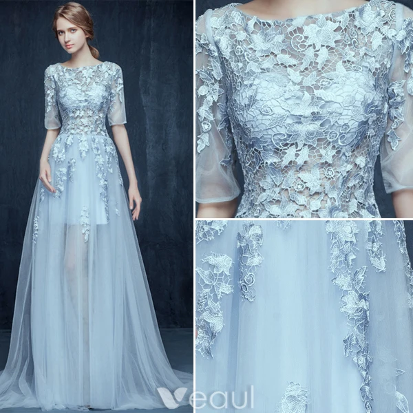Glamour Robes De Bal Bleu Ciel 2016 Une Ligne Décolleté Dentelle Applique Robe De Conception Percé