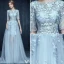 Glamour Robes De Bal Bleu Ciel 2016 Une Ligne Décolleté Dentelle Applique Robe De Conception Percé
