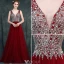 Sparkly Prom Dresses 2016 A-line V-neck Beading Crystal Rhinestone And Pearl Backless Burgundy Dress