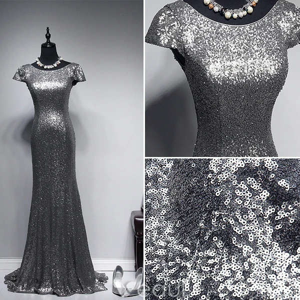 Sparkly Selskapskjoler 2016 Havfrue Scoop Hals Cap Sleeves Sølv Paljett Ryggløse Aftenkjole