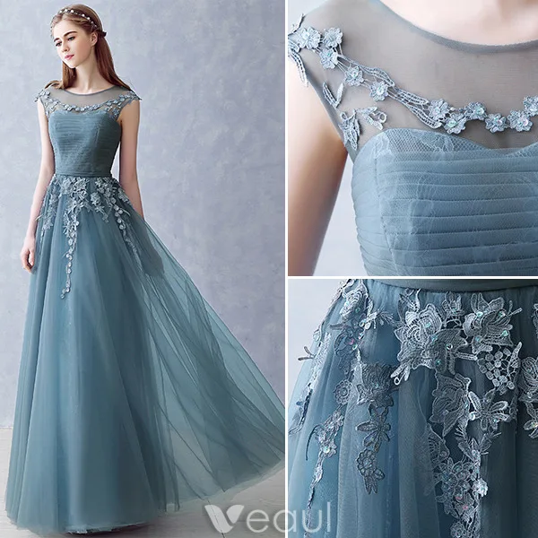 Elegant Strapless Evening Dress 2016 A-line Scoop Neckline Applique Lace Ruffle Tulle Long Dress