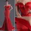 Sexy Celebrity Dress 2016 Mermaid Off The Shoulder Beading Crystal Backless Long Red Satin Evening Dress