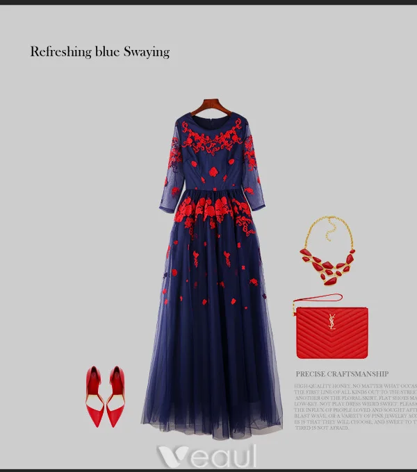 Beautiful Prom Dress 2016 A-line Scoop Neck Applique Red Lace Flower Royal Blue Tulle Long Dress