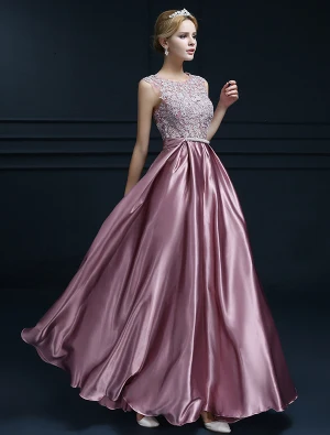 Robe De Soirée Sans Manches Élégante 2016 Une Ligne Décolleté Dentelle Applique Volants Satin Longue Robe De Bal Avec Un Noeud Ceinture