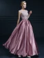 Elegantes Sleeveless Abendkleider 2016 A-line Rundhalsausschnitt spitze Rüsche Satin Langen Abendkleid Mit Schleife-schärpe