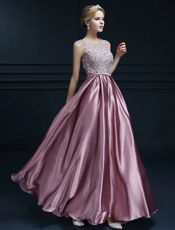 Elegant Sleeveless Evening Dresses 2016 A-line Scoop Neck Applique Lace Ruffle Satin Long Prom Dress With Bow Sash